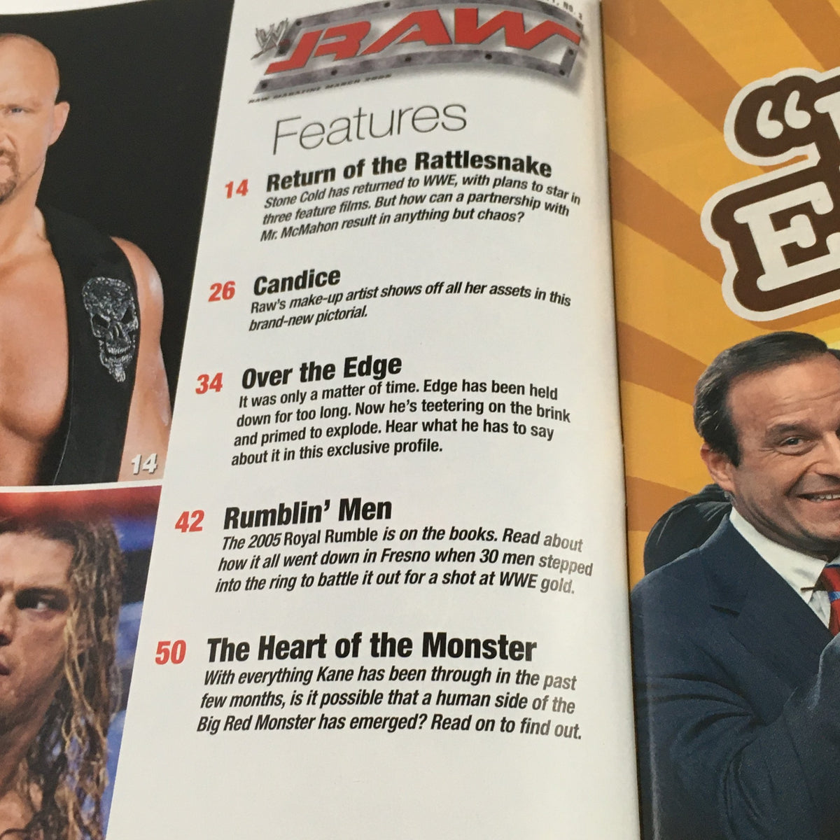 WWE Raw Magazine March 2005 interior page highlighting features and articles, including 'Return of the Rattlesnake' and other wrestling insights.