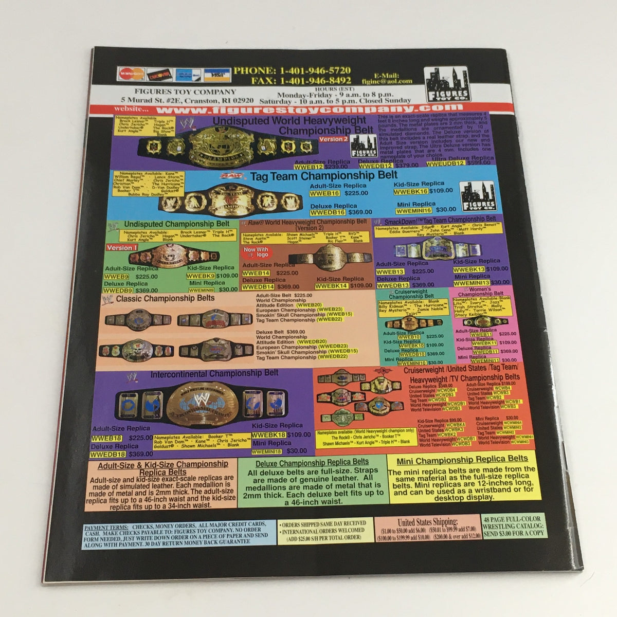 WWE Raw Magazine August 2003 back cover displaying various WWE championship belts, an essential piece for wrestling memorabilia enthusiasts.