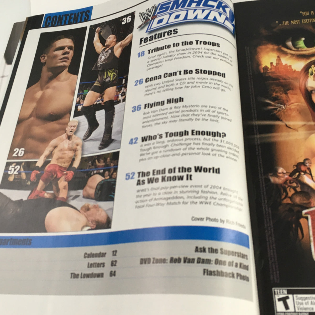 WWE Raw Magazine February 2005 inside page contents showcasing features including John Cena, RVD, and Rey Mysterio, along with highlights of WWE events and matches.