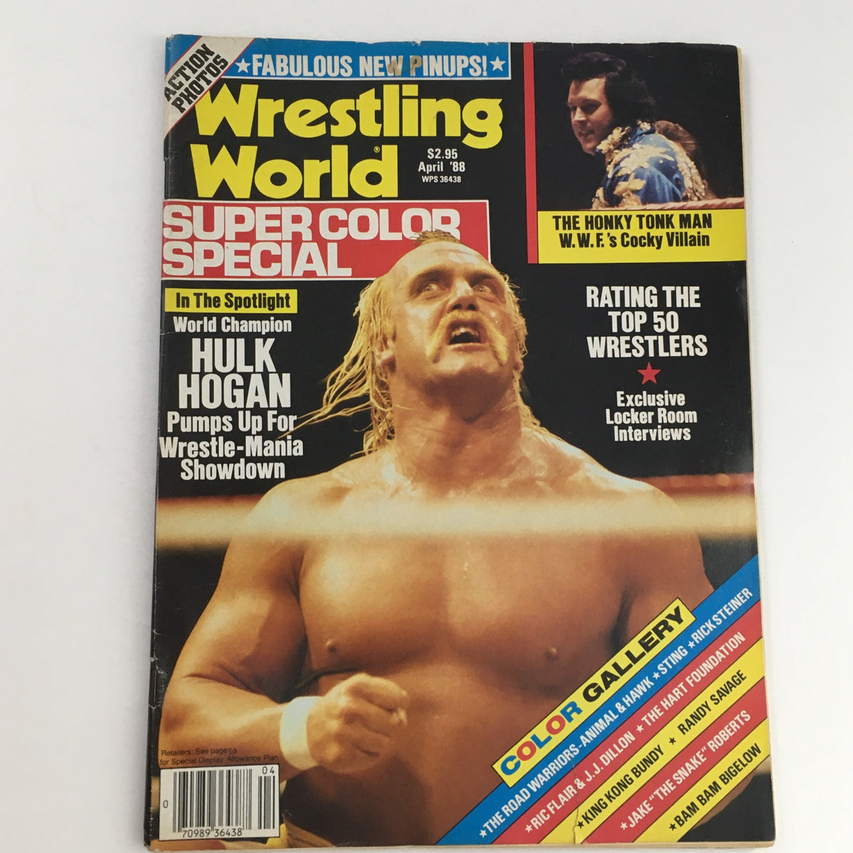 Wrestling World Magazine April 1988 featuring Hulk Hogan and Honky Tonk Man on the cover, highlighting wrestling themes and showcasing iconic wrestlers.