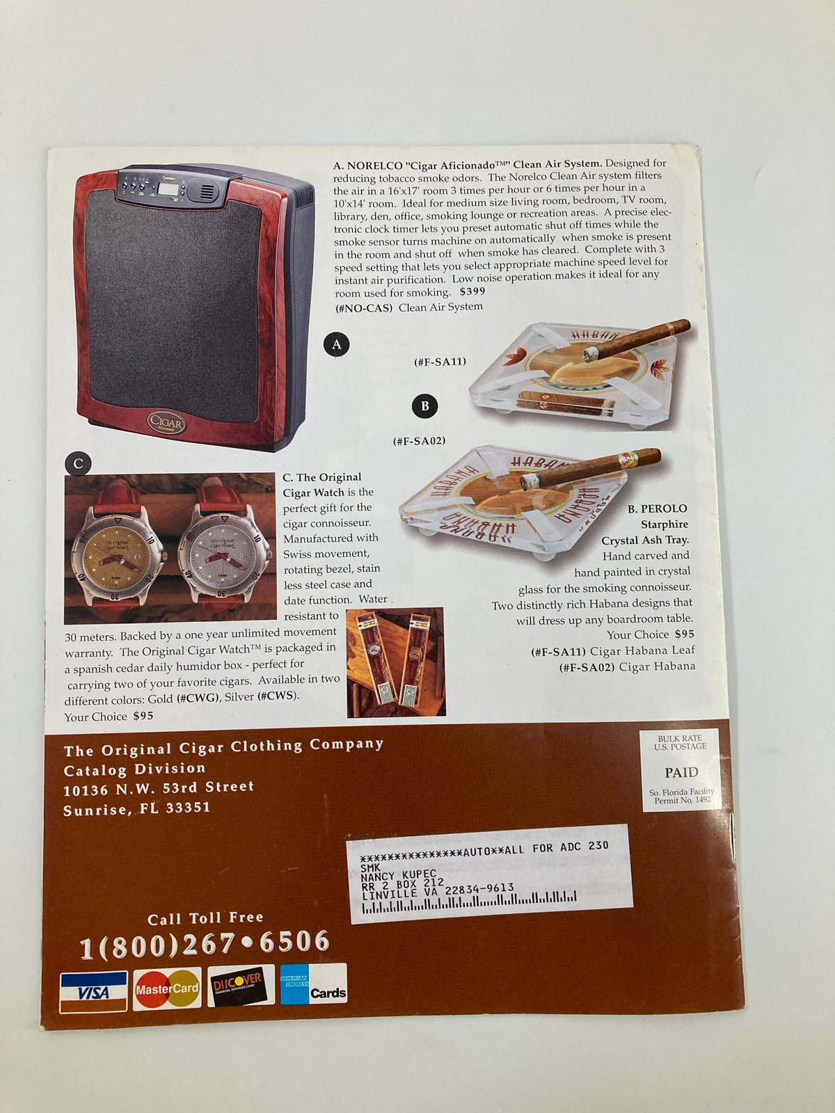 Back cover of The Original Cigar Clothing Company Catalog 1997 Vol 1 #3 highlighting the Cigar Aficionado Clean Air System and other specialized cigar products.