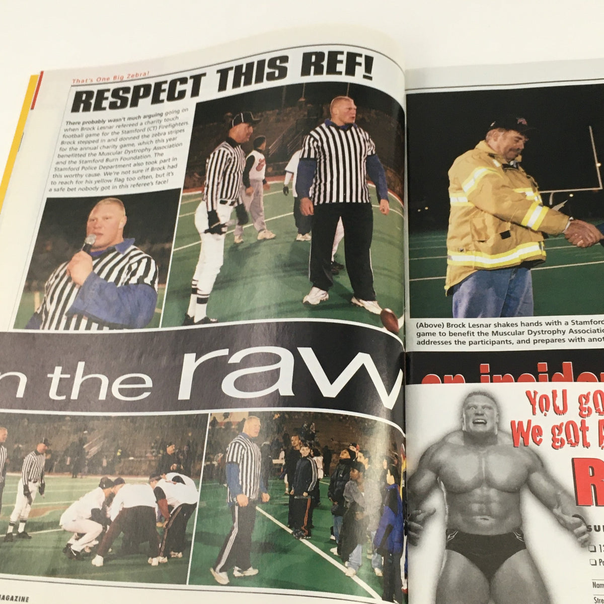Page from WWE Raw Magazine February 2003 titled 'The Stone Cold Truth' showing referees in action during a wrestling event and a feature on Brock Lesnar.