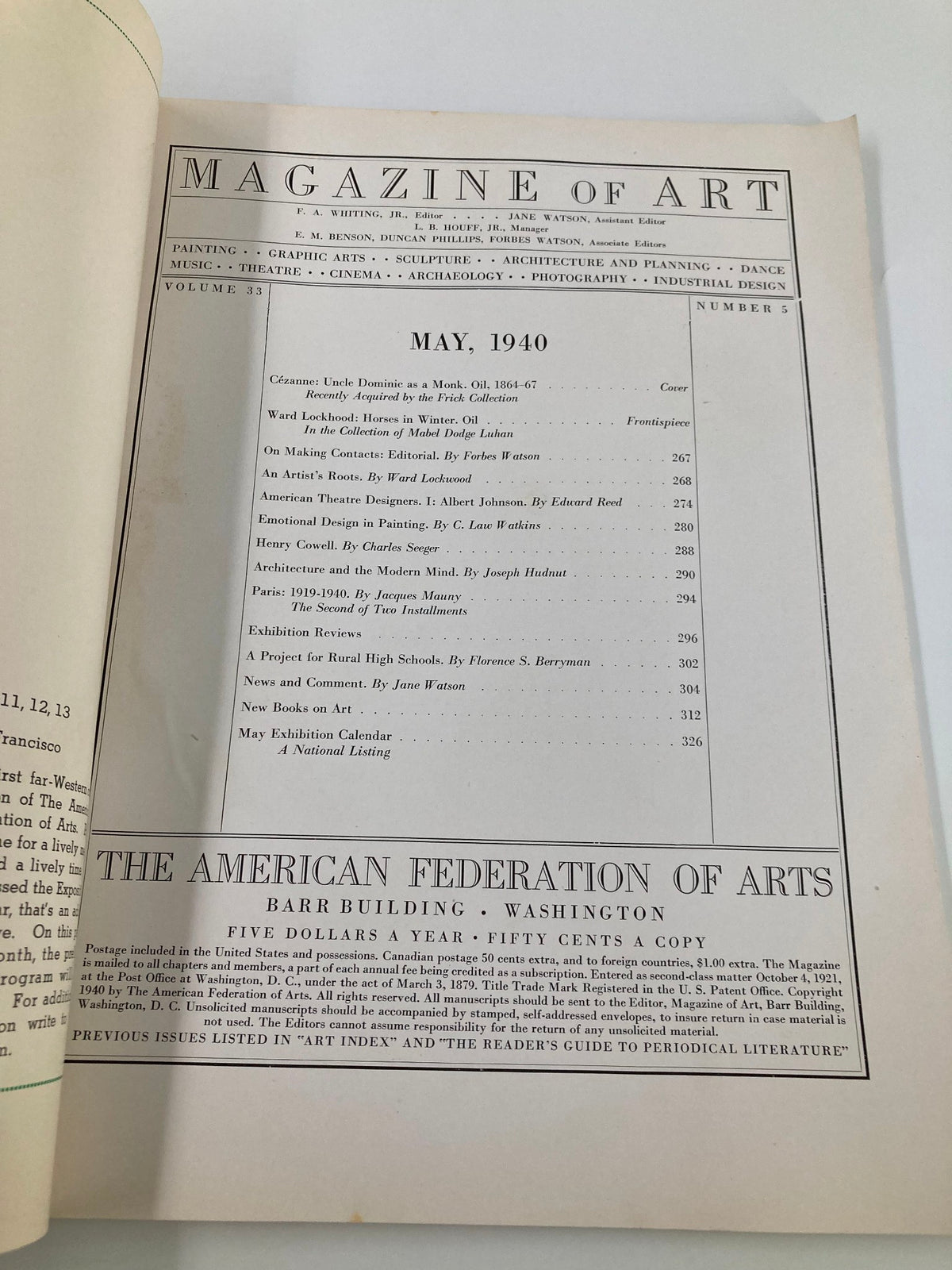 Inside page of VTG Magazine of Art from May 1940 featuring the artwork 'Cézanne: Uncle Dominic as a Monk' along with other articles related to art and culture.