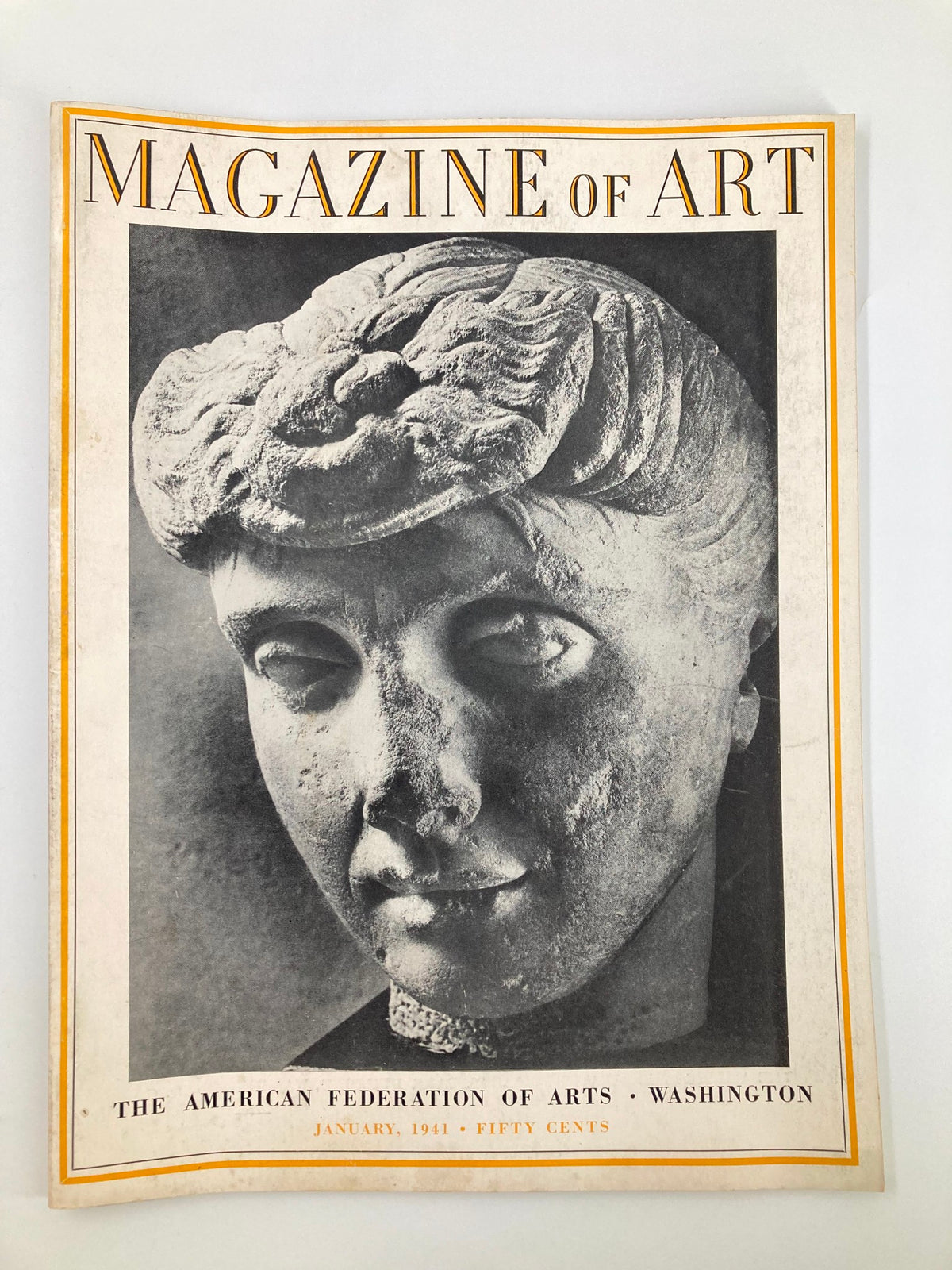 Cover of VTG Magazine of Art, January 1941 featuring a sculptural portrait, published by the American Federation of Arts. This vintage magazine highlights the artistic styles of the era.