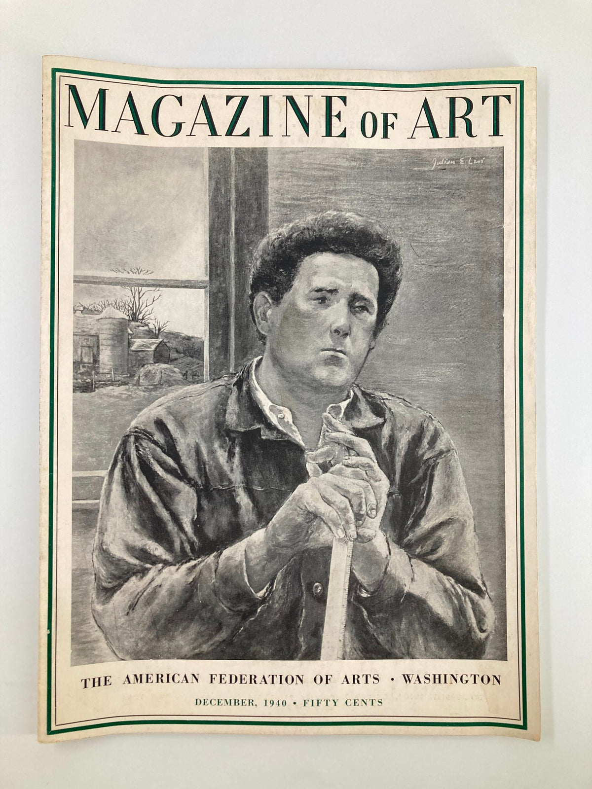 Cover of VTG Magazine of Art December 1940 featuring artwork by Julian Levi, depicting a contemplative artist holding a ruler, emphasizing the theme 'The Writer at Home.'