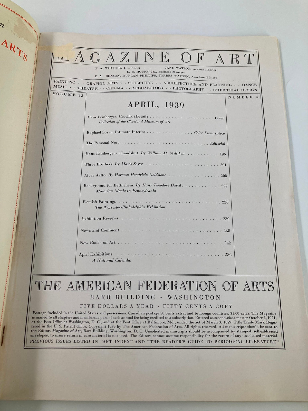 Interior page of VTG Magazine of Art, April 1939, displaying the table of contents, highlighting articles including Hans Leinberger's Crucifix.