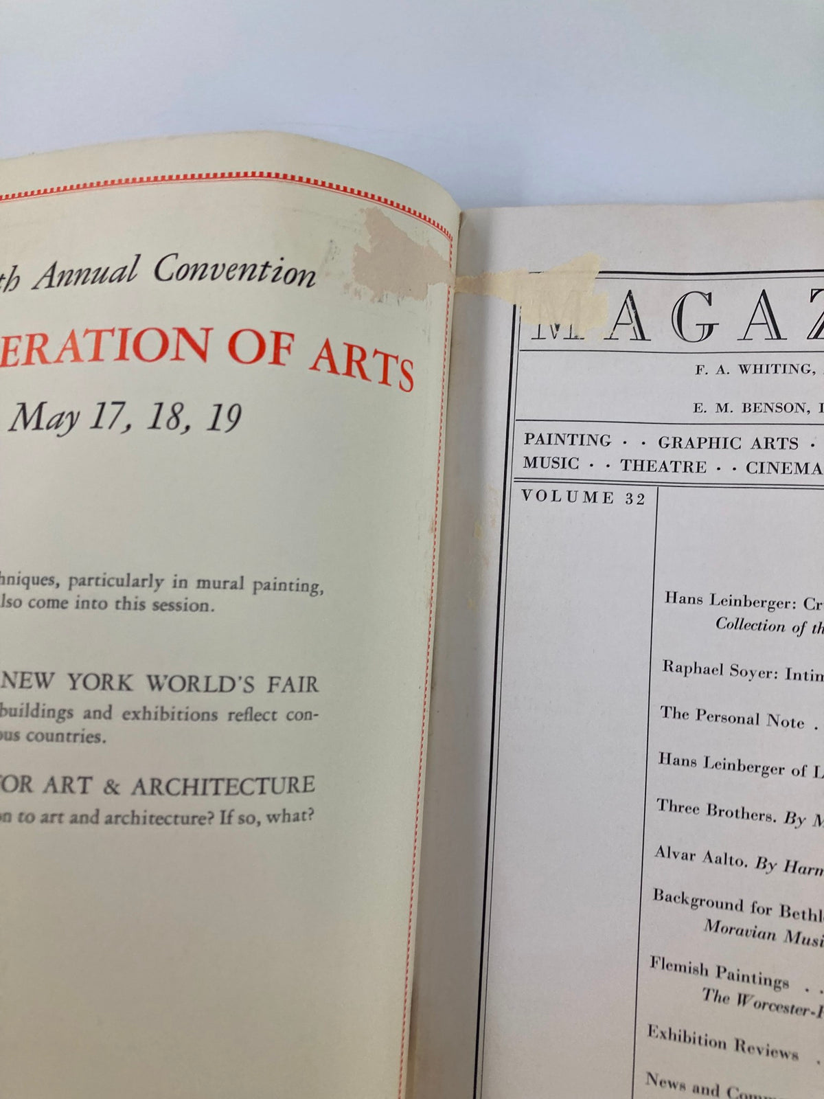 Interior page of VTG Magazine of Art April 1939 showcasing the contents including articles on Hans Leinberger and the New York World's Fair, reflecting vintage art history.