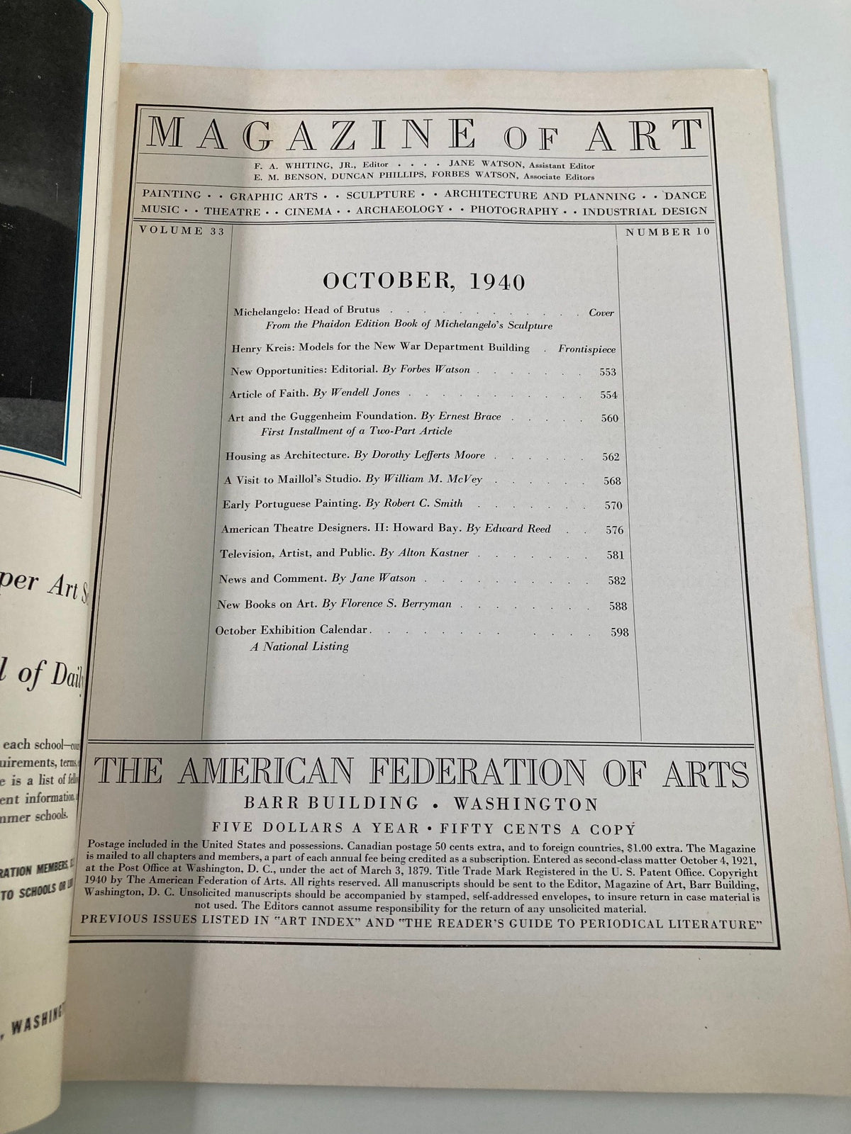 VTG Magazine of Art October 1940 Table of Contents showcasing articles related to Michelangelo and art history.