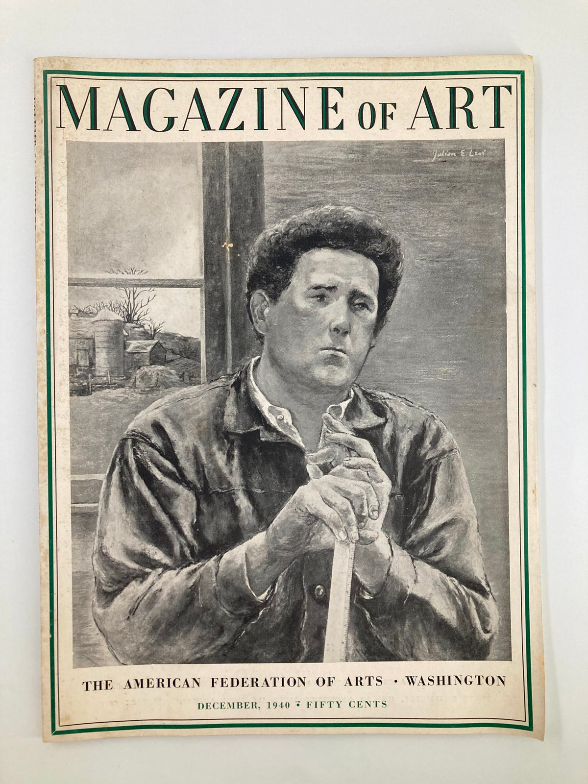 Cover of the December 1940 issue of the Magazine of Art featuring a portrait of writer Julian Levi. This vintage magazine highlights artistic themes and literature from the early 20th century.