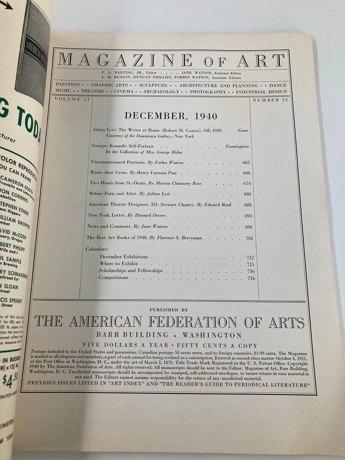 Table of contents from the December 1940 Magazine of Art, including articles about Julian Levi and various artistic topics, showcasing the cultural landscape of the time.