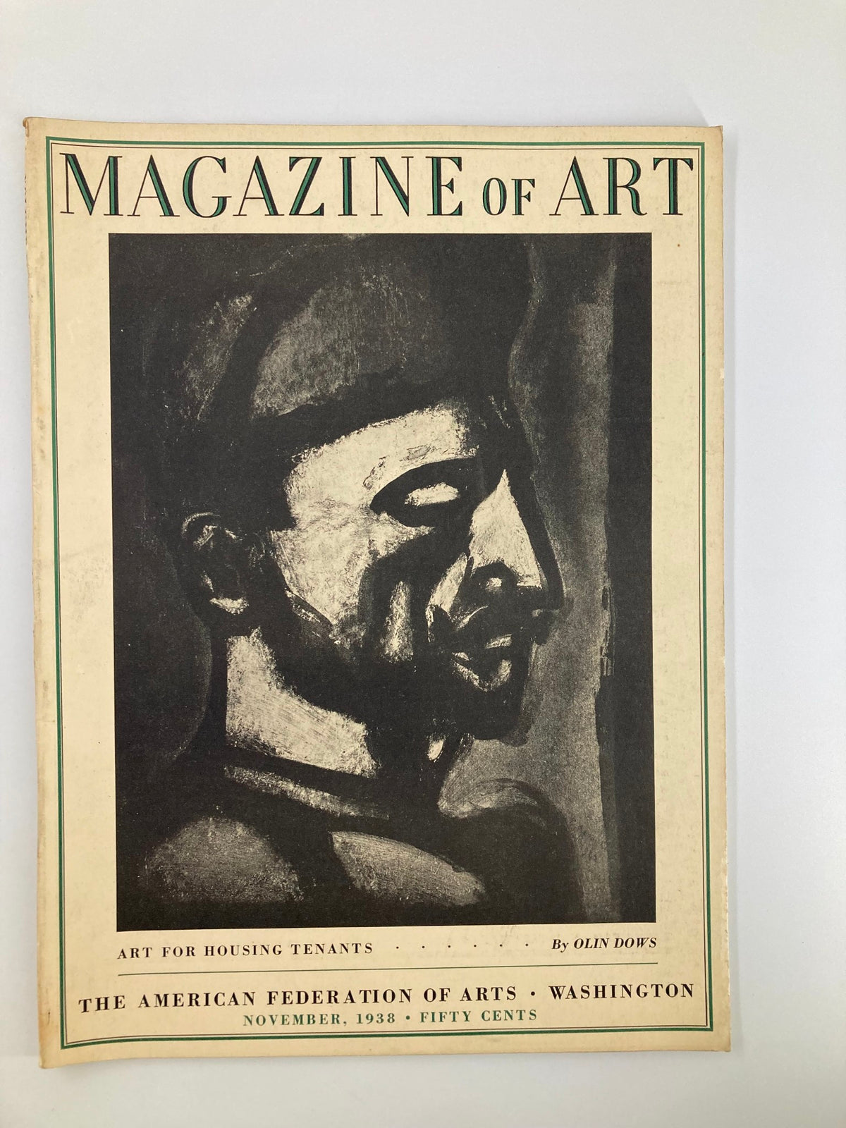 Cover of VTG Magazine of Art November 1938 titled 'The Law is Hard But It Is The Law' featuring a striking black and white illustration by Olin Dows.