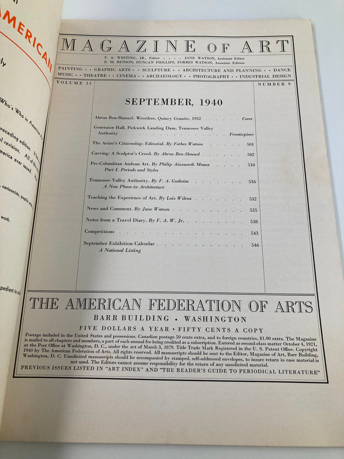 Interior page of Vintage Magazine of Art September 1940 displaying contents including Ahron Ben-Shmuel's work 'Wrestlers', with detailed listings and editorial information.