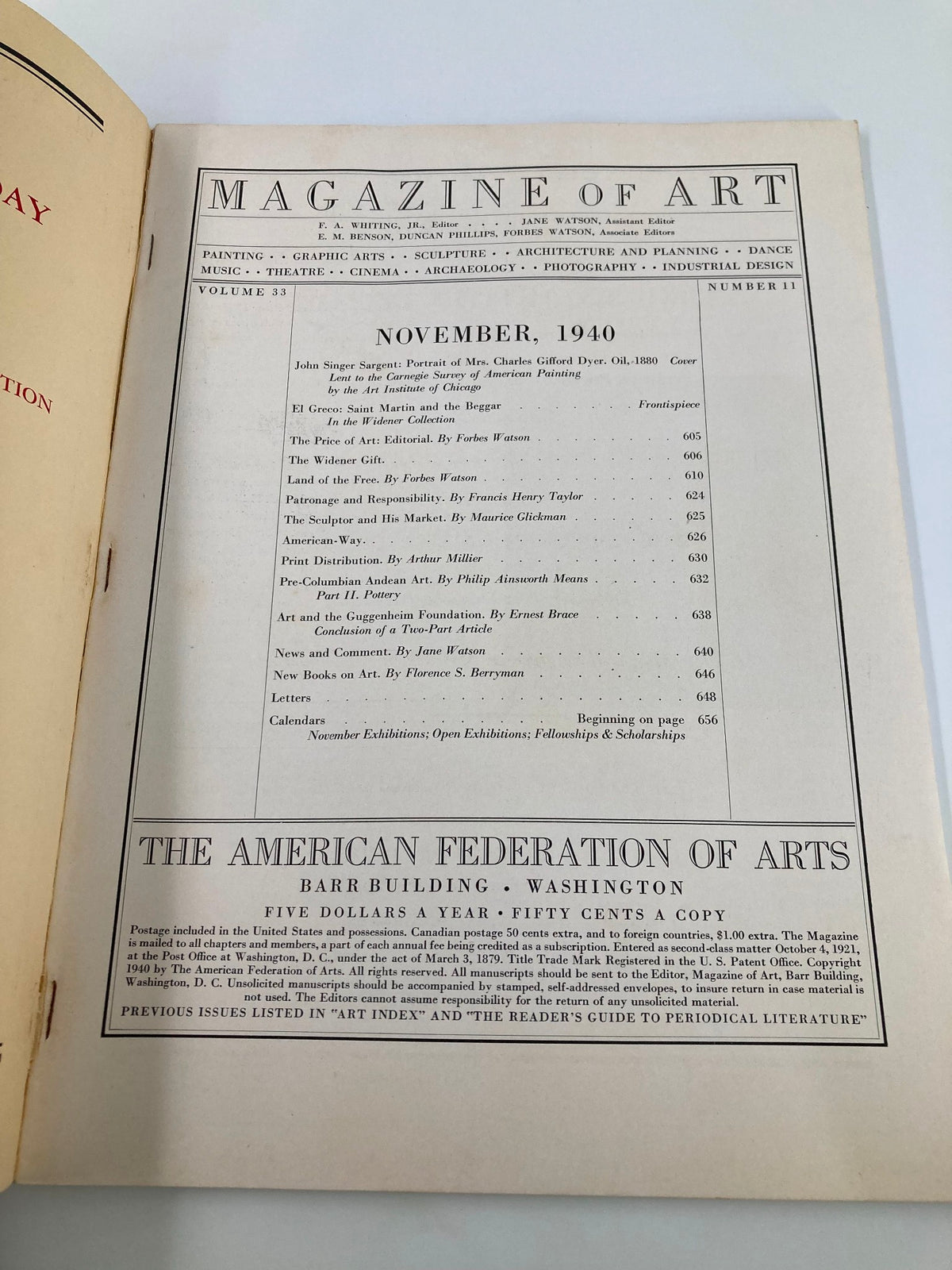 Inside page of VTG Magazine of Art November 1940, displaying the table of contents highlighting articles and features from that issue.