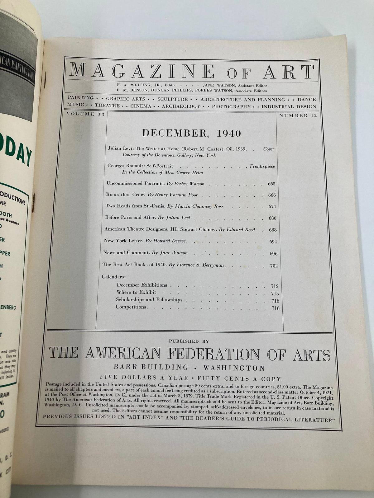 Table of contents from the December 1940 issue of Magazine of Art, showcasing articles and features including works by Julian Levi and others. A must-read for art history enthusiasts.