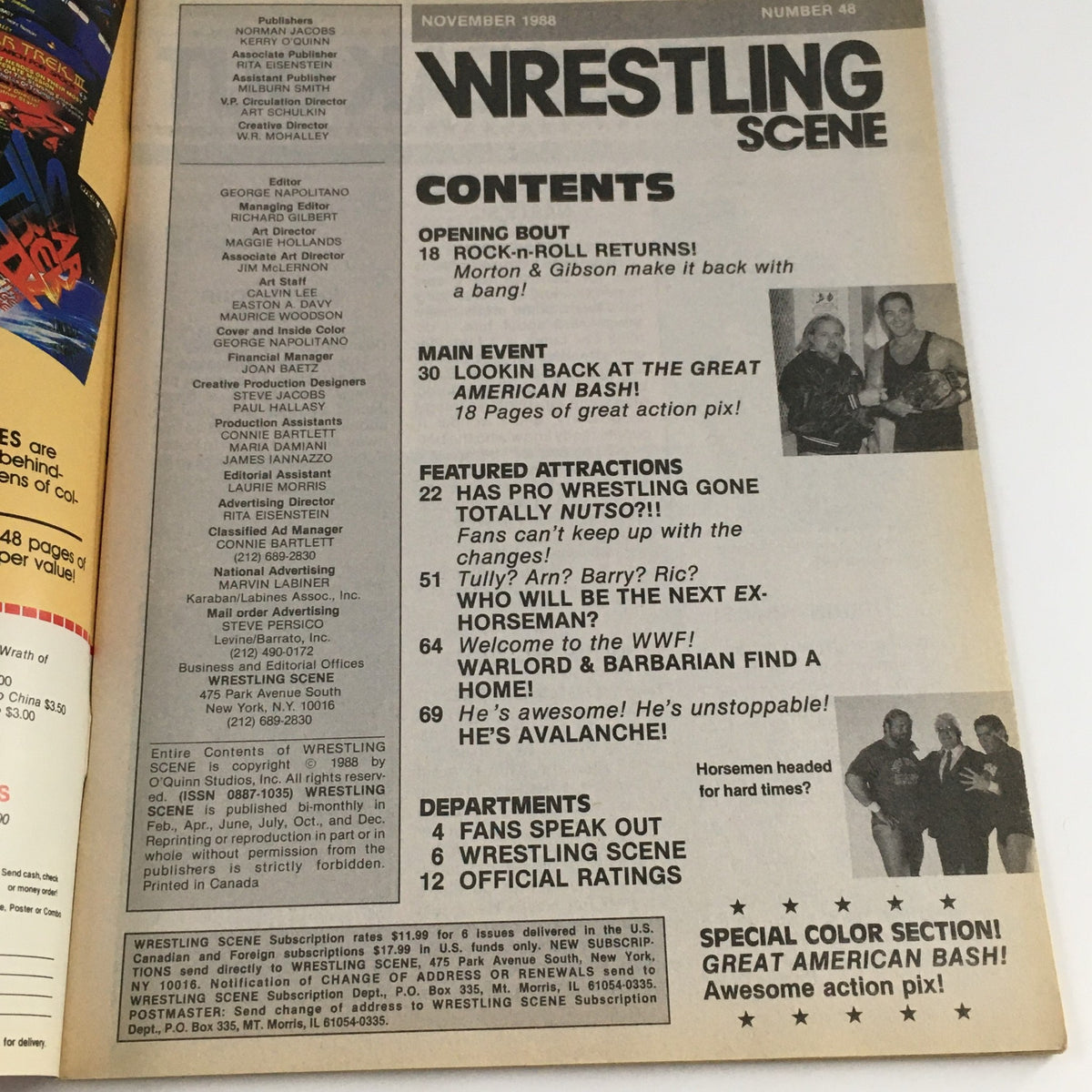 Contents page of Wrestling Scene Magazine November 1988 showcasing articles and features including Mike Rotunda vs Dusty Rhodes and wrestling industry news from that month.