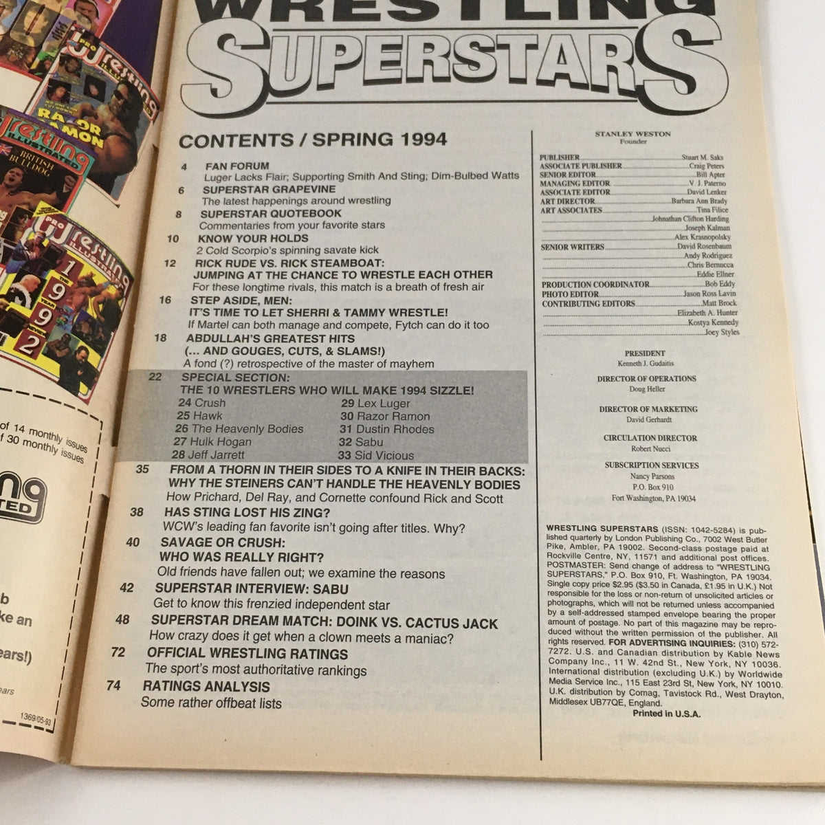 Contents page of Wrestling Superstars Magazine Spring 1994 featuring articles on wrestling personalities and events, including Hulk Hogan and Dustin Rhodes.