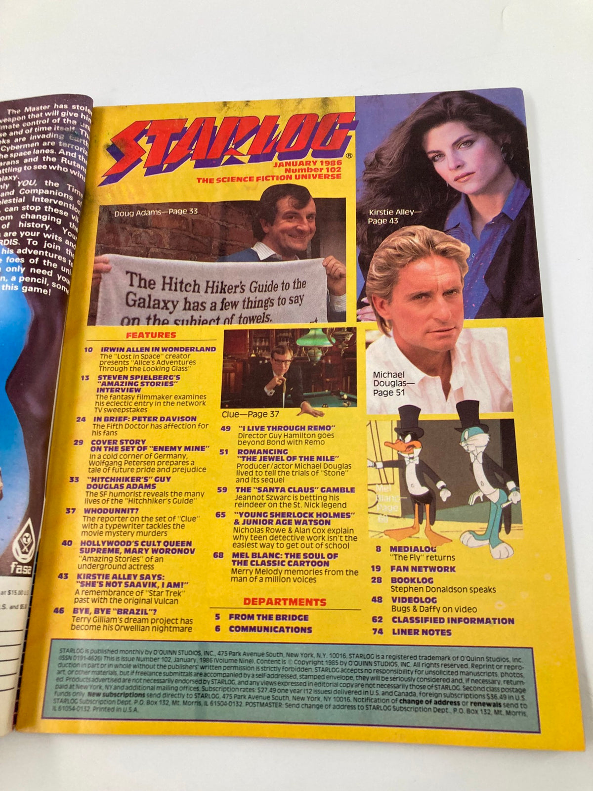 Interior content of VTG Starlog Magazine January 1986 #102, presenting a colorful layout with articles on iconic sci-fi personalities like Kirstie Alley and Michael Douglas.