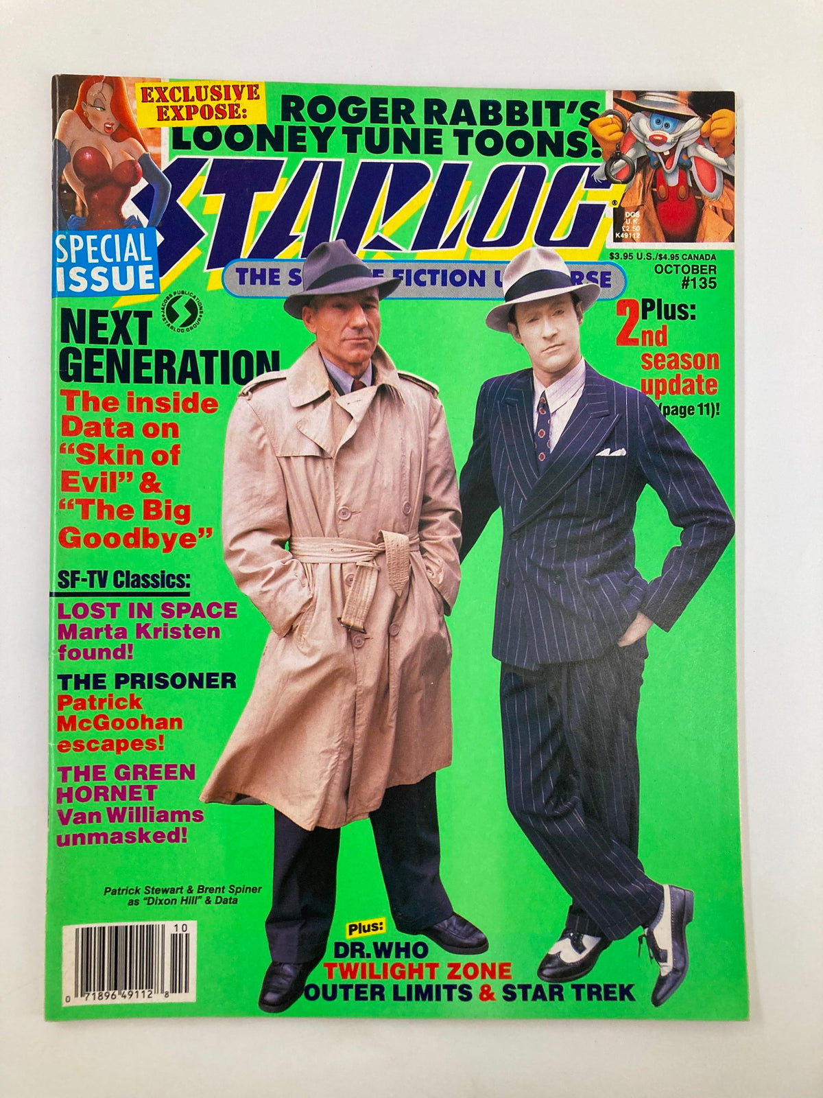 Cover of VTG Starlog Magazine October 1988 #135 featuring Patrick Stewart and Brent Spiner, highlighting sci-fi topics and iconic characters.