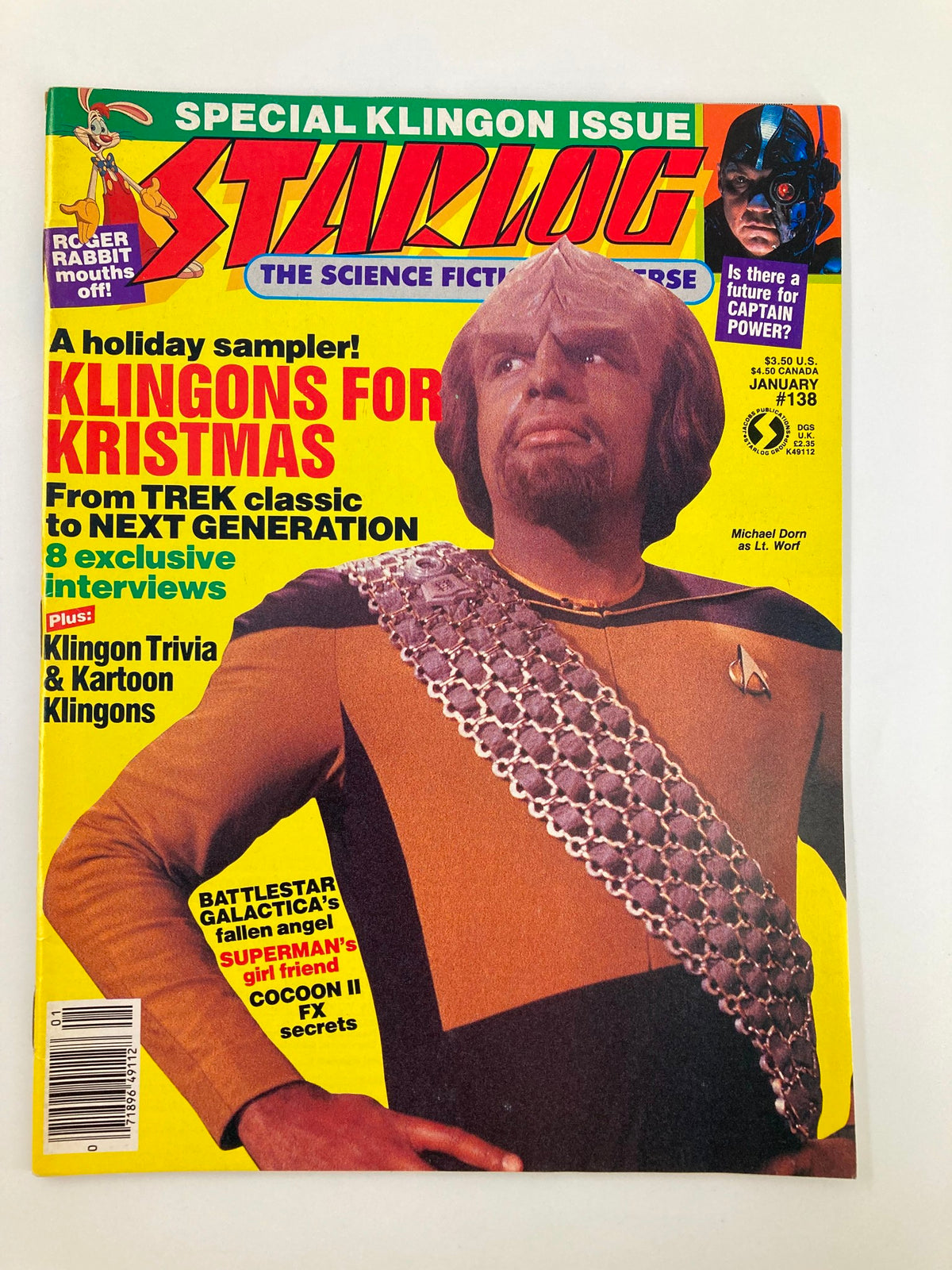 Cover of VTG Starlog Magazine January 1989 #138 featuring Michael Dorn as Lt. Worf, highlighting Klingon themes and special features.