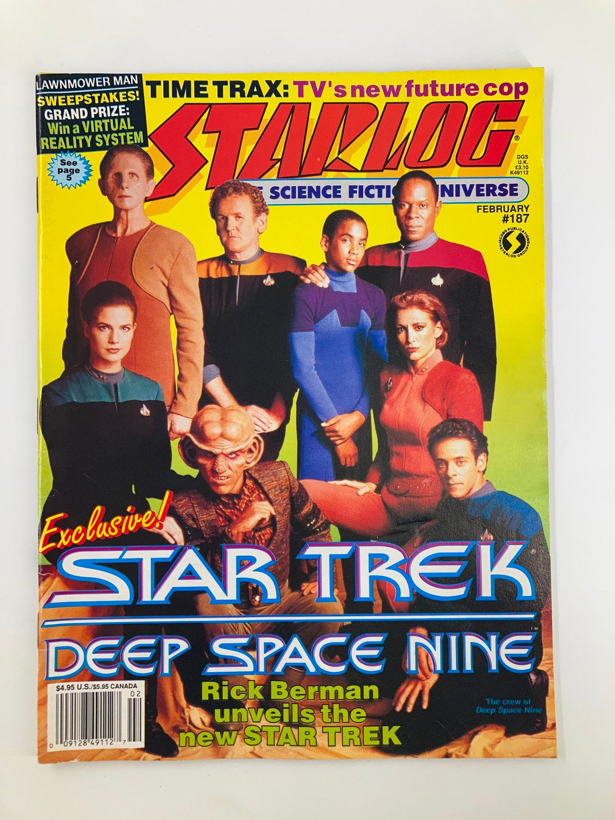 Cover of Starlog Magazine February 1993 #187 featuring Star Trek Deep Space Nine cast, highlighting exclusive insights and interviews.