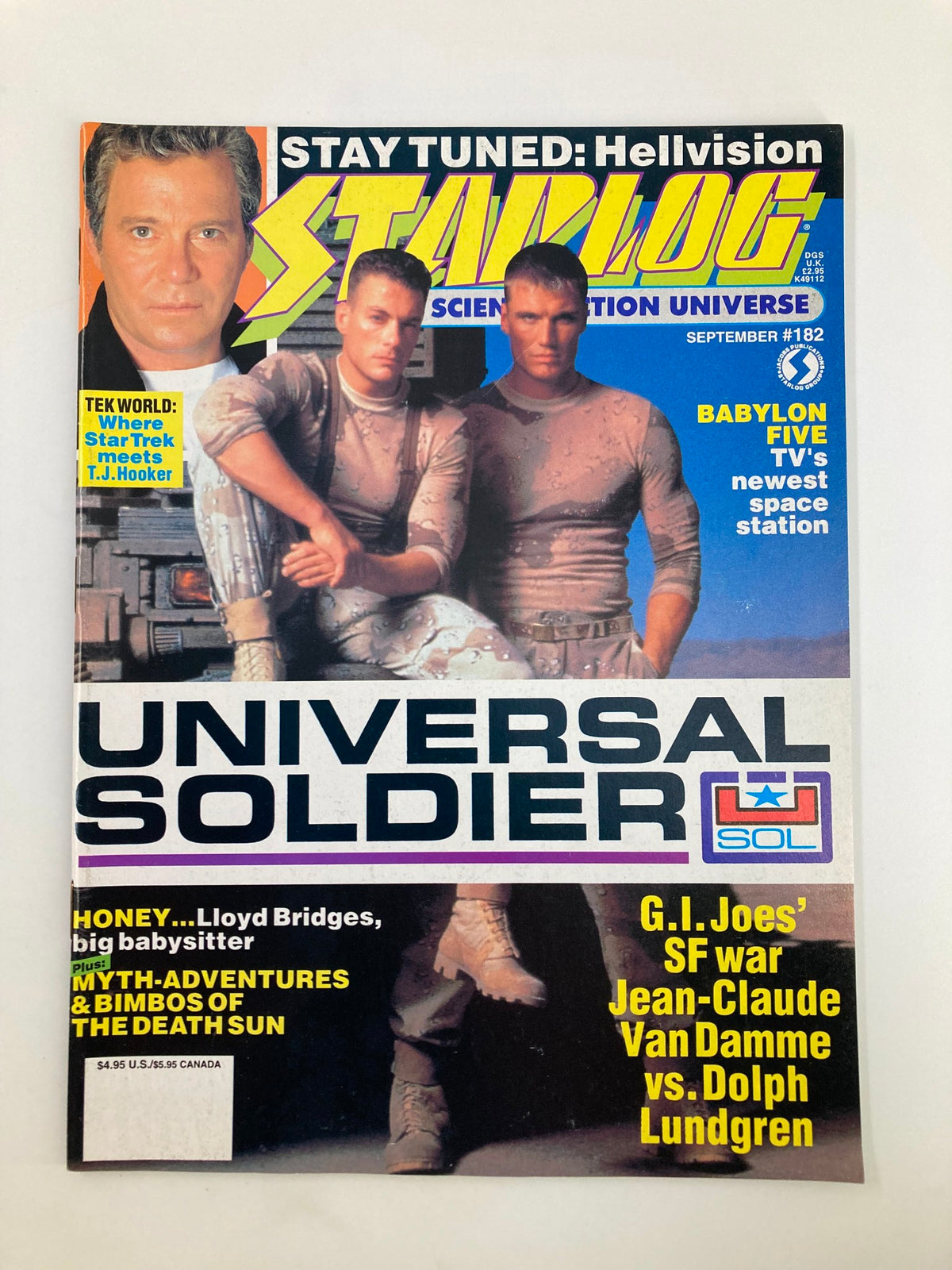 Cover of Starlog Magazine September 1992 #182 featuring articles on TJ Hooker and Babylon Five, showcasing iconic sci-fi imagery and colorful design.