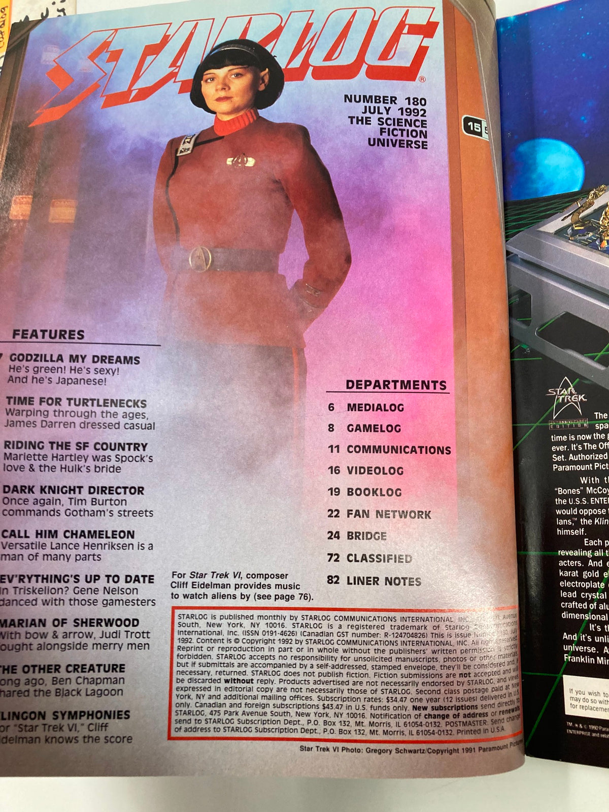Inside page of Starlog Magazine July 1992 #180 showcasing various features, including an article on Godzilla and highlights from Star Trek VI, emphasizing the magazine's role in science fiction discussions.