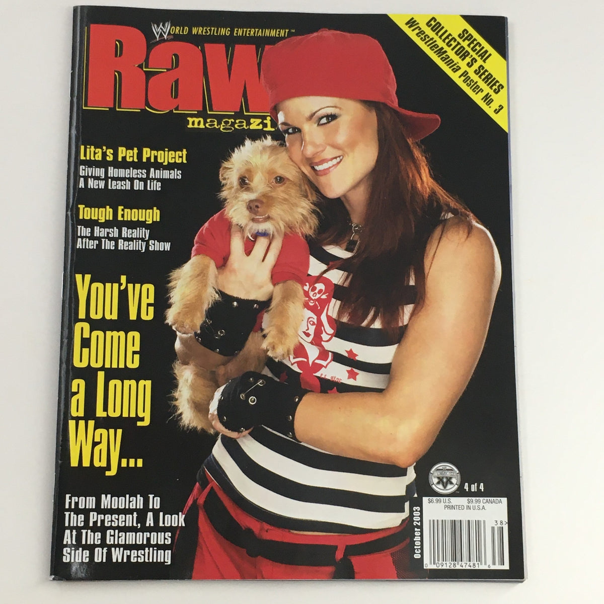 WWE Raw Magazine October 2003 cover featuring Lita with a small dog, showcasing her involvement in a pet project, and highlighting the iconic wrestling figure Andre the Giant. This collectible magazine is a must-have for wrestling fans and collectors.