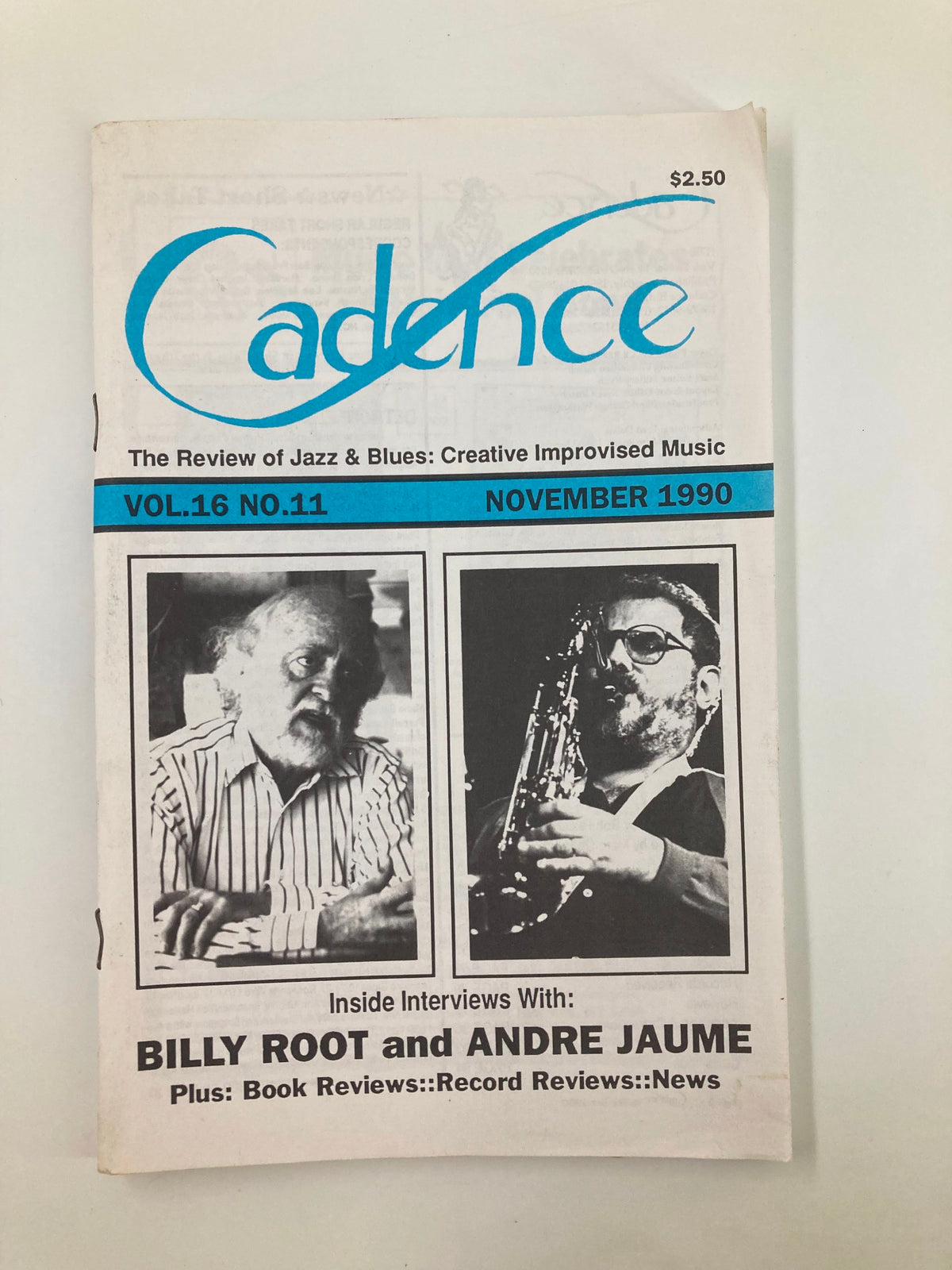 Cover of Cadence Jazz Magazine November 1990 Vol 16 #11 featuring interviews with Billy Root and Andre Jaume, showcasing a black and white illustration with images of the two musicians.