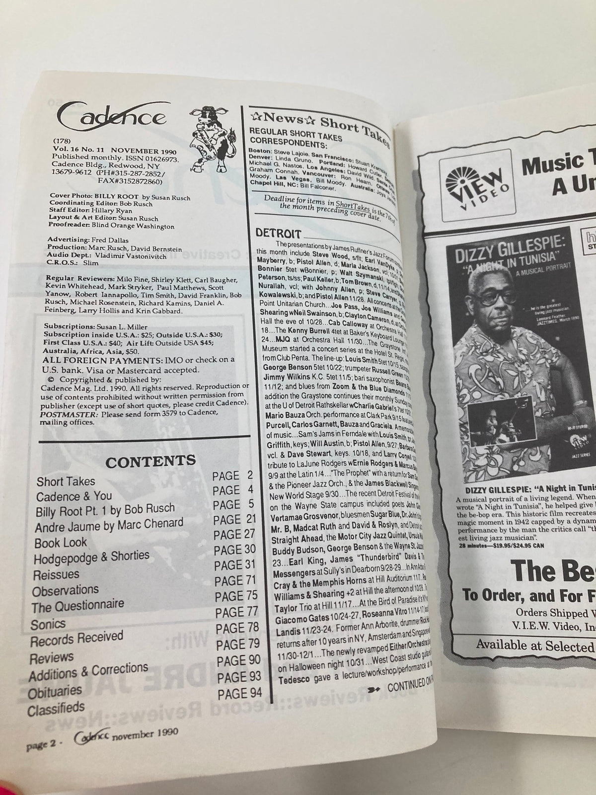 Contents page of Cadence Jazz Magazine November 1990 Vol 16 #11, detailing articles and features including interviews with Billy Root and Andre Jaume along with other jazz-related content.