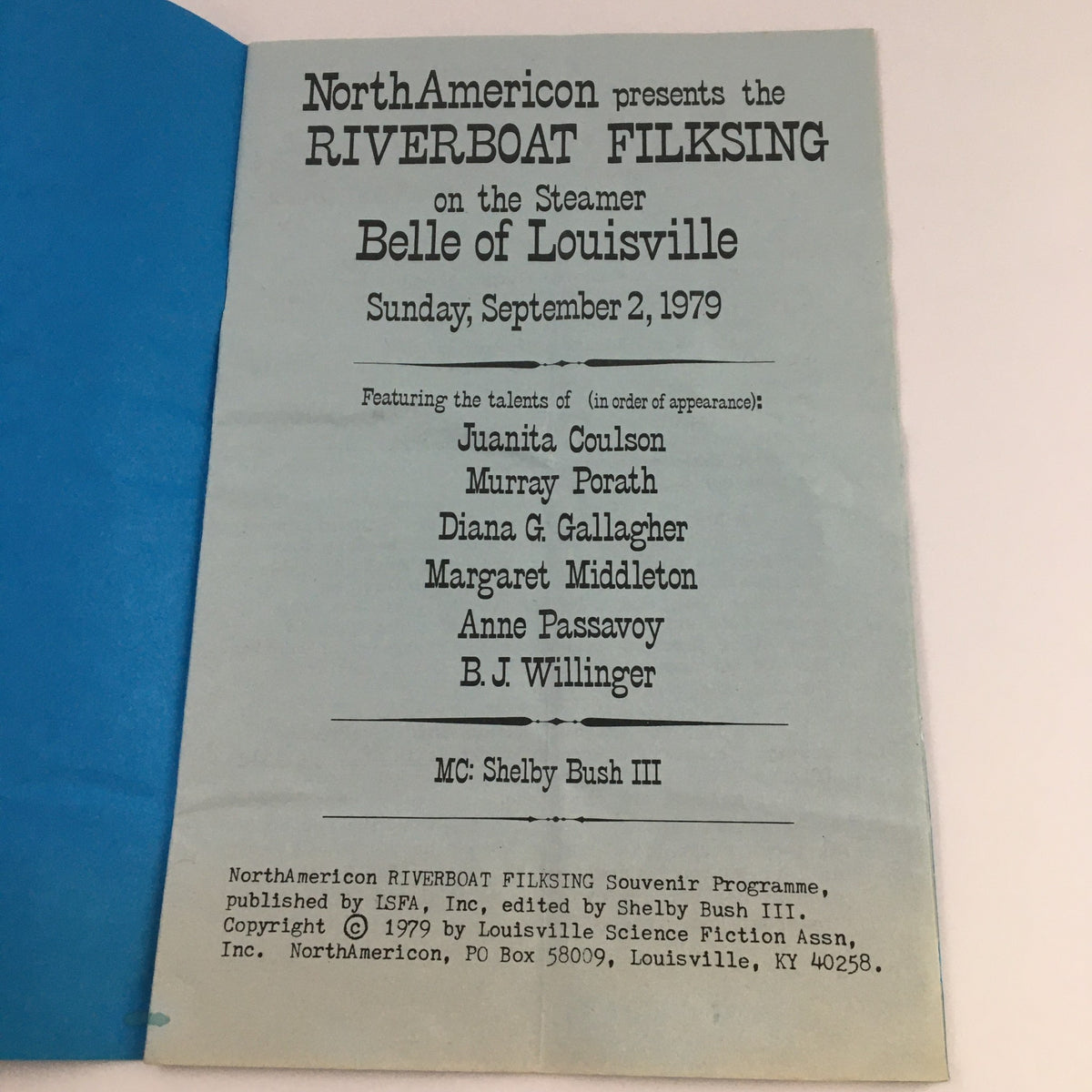 Inside page of the North American Presents September 1979 Riverboat Filksing Souvenir Programme listing the performers and event details, including names like Juanita Coulson and Murray Porath.