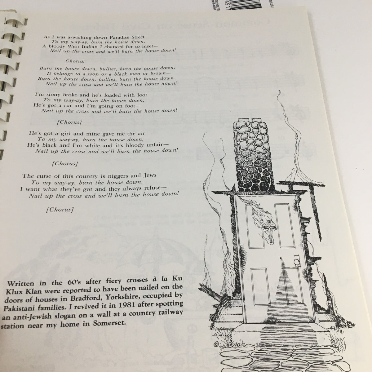 Interior page of the North American Presents September 1979 Riverboat Filksing Souvenir Programme featuring lyrics and an illustration related to the song "Burn the House Down."