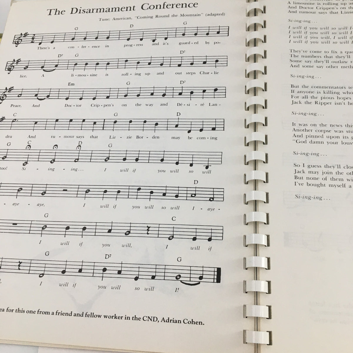 Interior page of the North American Presents September 1979 Riverboat Filksing Souvenir Programme containing sheet music and lyrics for "The Disarmament Conference."