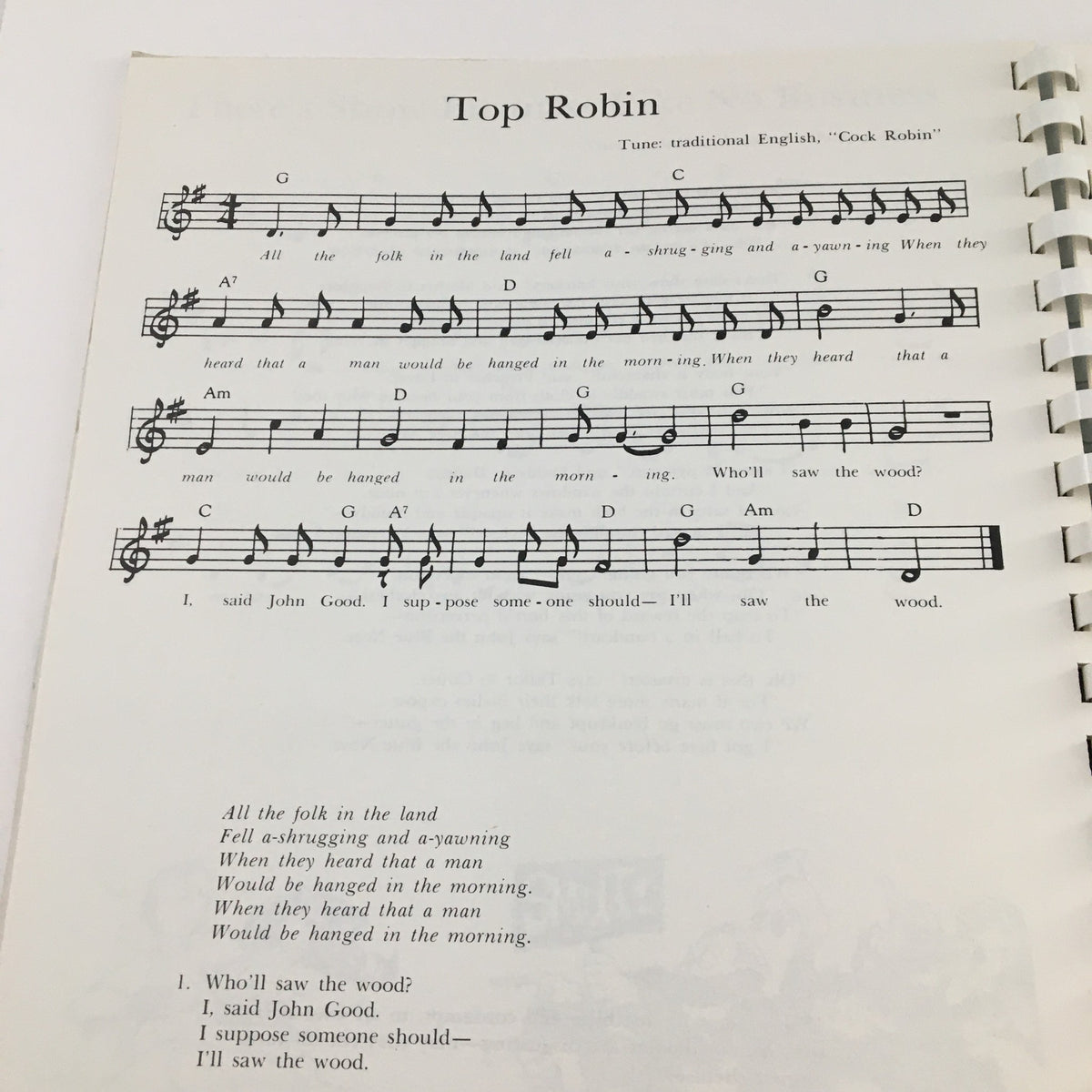 Sheet music for 'Top Robin' from the North American Presents September 1979 Riverboat Filksing Souvenir Programme, showcasing lyrics and chords.