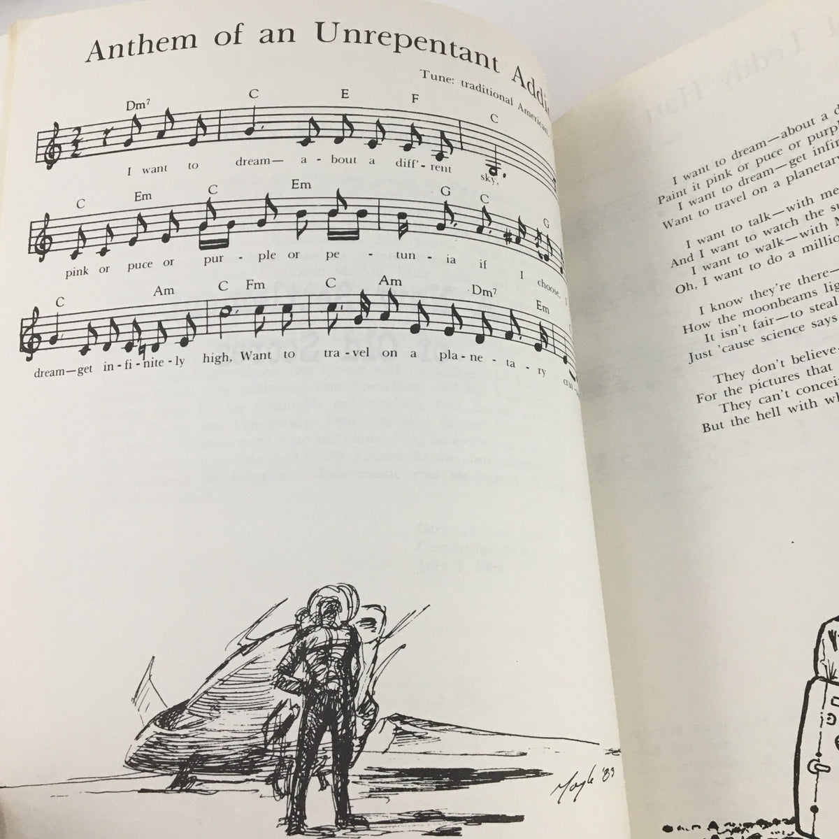 Interior page from 1988 A New Settlement of Old Scores by John Brunner, featuring sheet music for 'Anthem of an Unrepentant Addict' showcasing notes and an illustration of a figure standing beside a spacecraft.