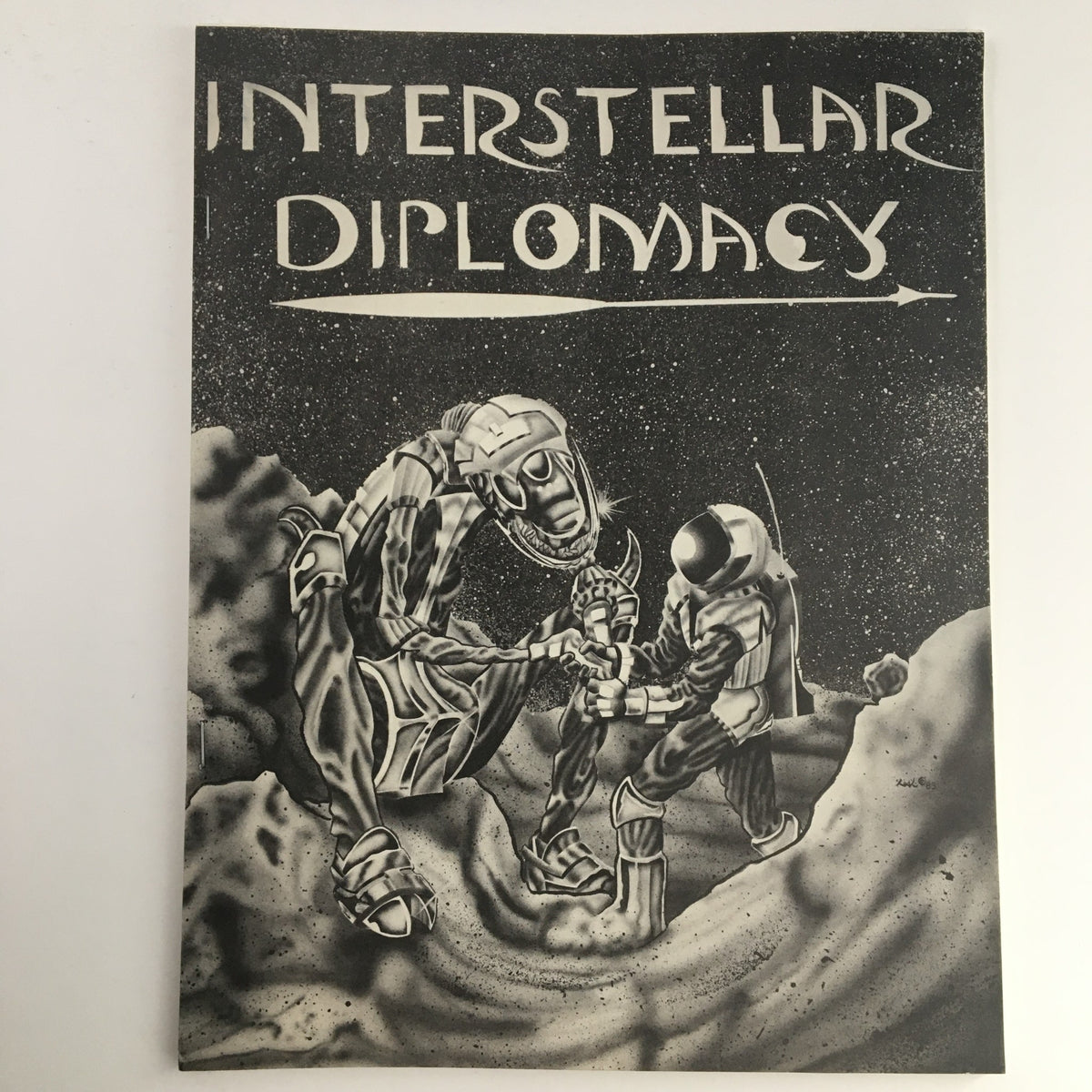 Cover of '1976 Interstellar Diplomacy Theoretics 4444 by Alan R. Lee' featuring an illustration of a robotic figure and astronaut on an alien landscape.