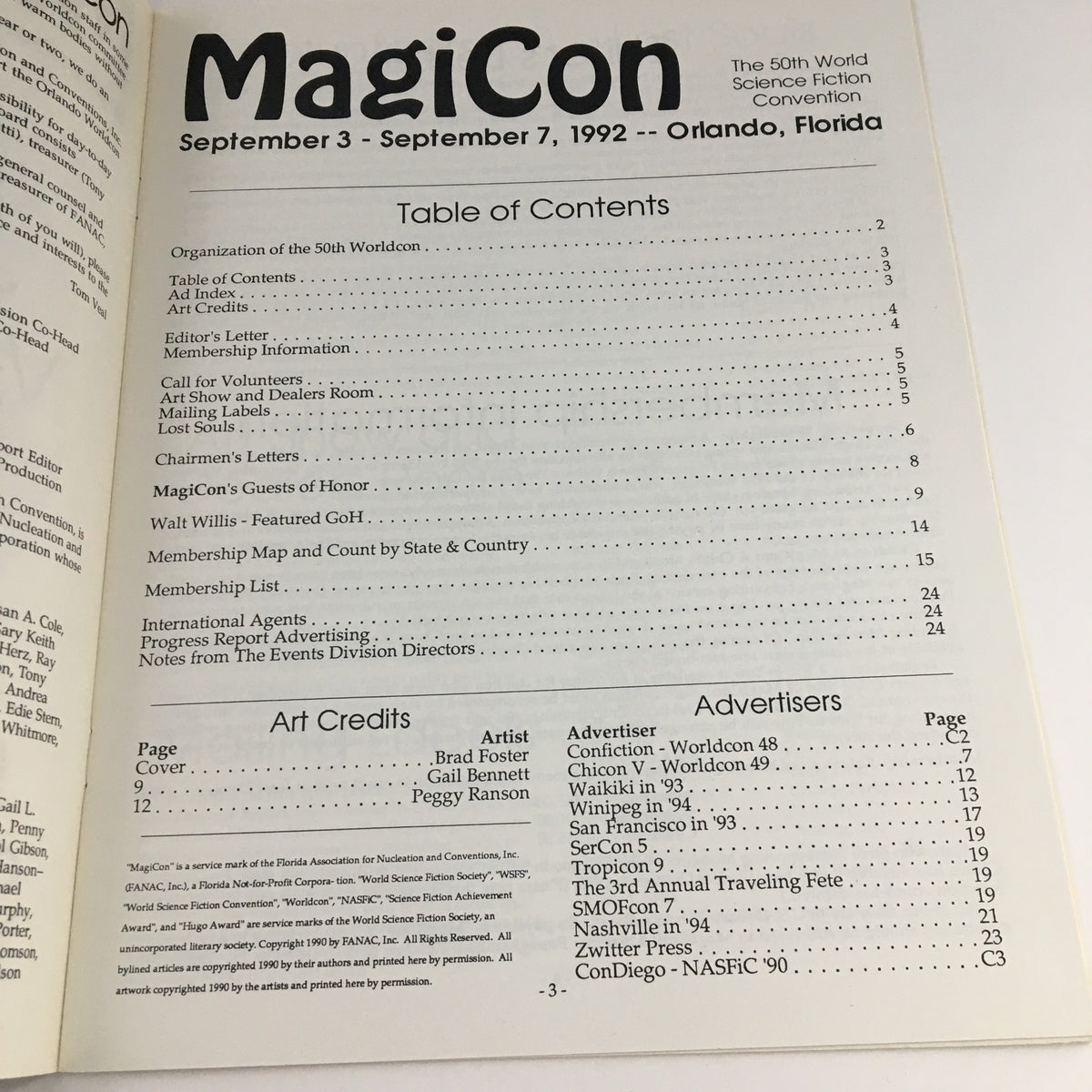 Inside page of MagiCon Progress Report 1 September 1992 showing the table of contents, detailing events and advertisements associated with the 50th World Science Fiction Convention.