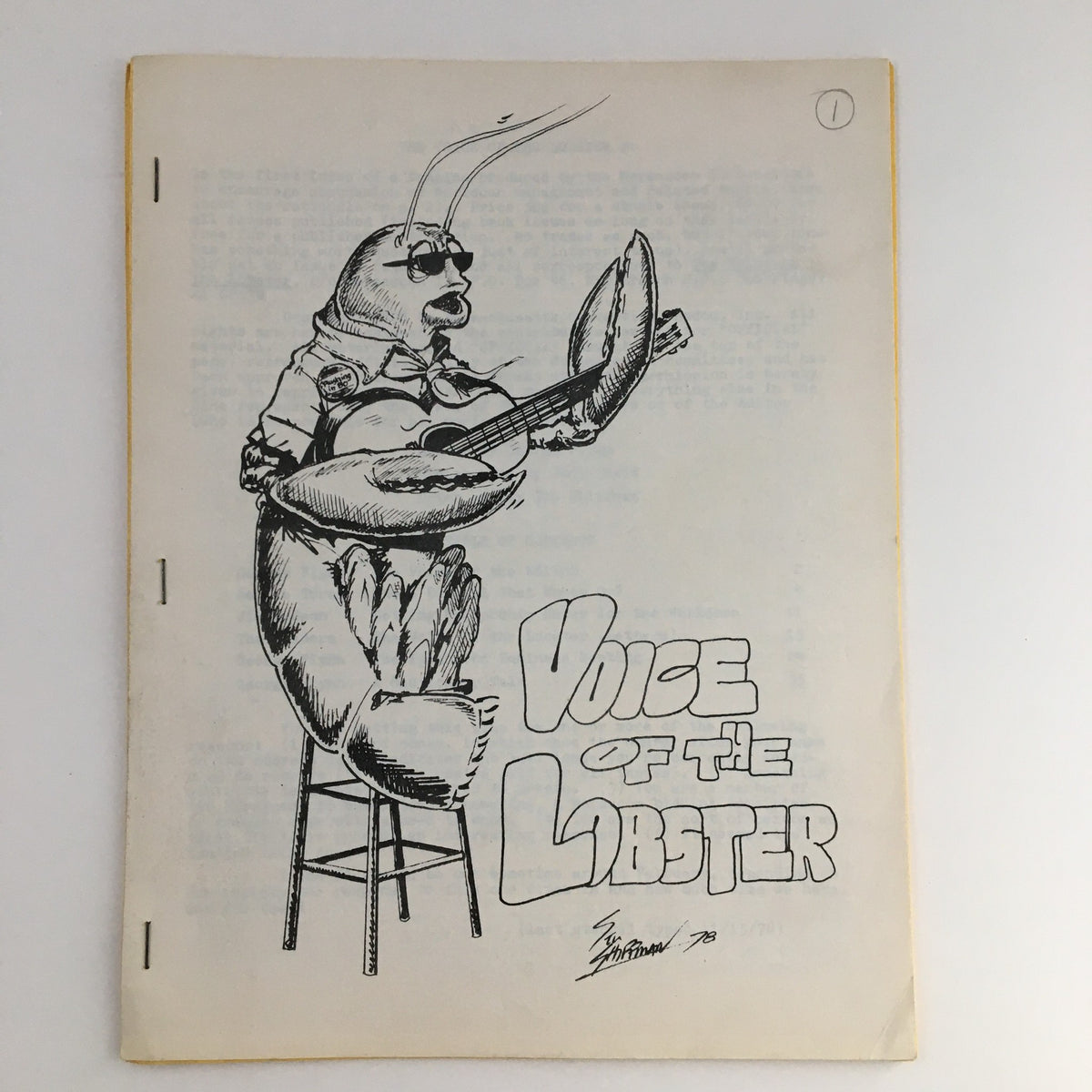 Cover of 'Voice of the Lobster #1', 1978, featuring an artistic drawing of a lobster playing guitar, designed by Stu Shifman.