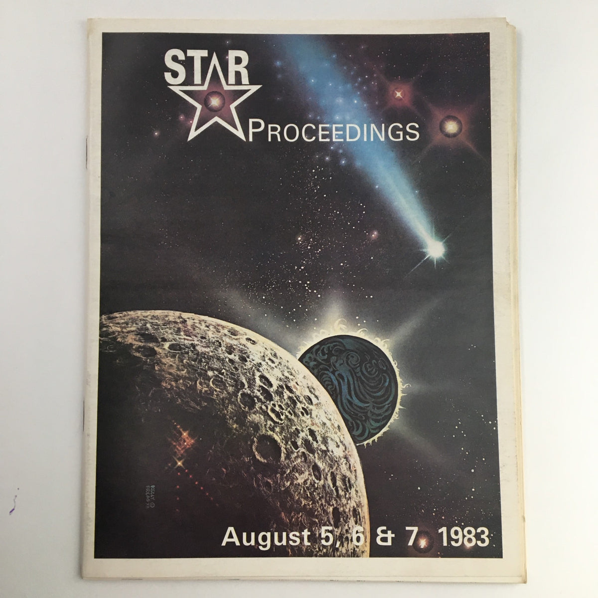 Cover of the Star Proceedings August 1983 featuring James Gunn & The City Machine, showcasing a cosmic scene with planets and a bright star.