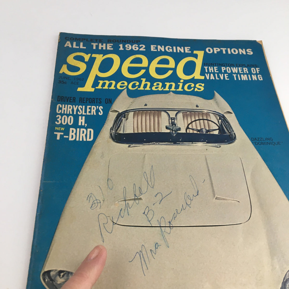 Speed Mechanics Magazine June 1962 cover featuring the title and description of articles including the power of valve timing, with a vintage car illustration and handwritten notes.