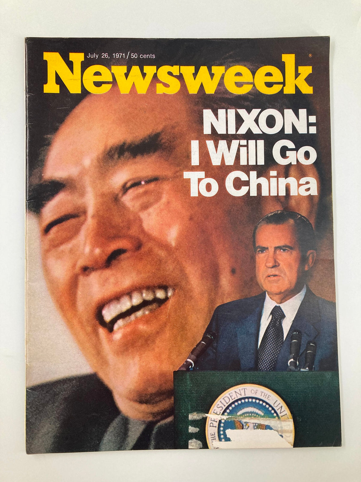 Cover of Newsweek Magazine dated July 26, 1971, featuring Richard Nixon with the headline 'NIXON: I Will Go To China', highlighting Nixon's historic diplomatic visit to China.