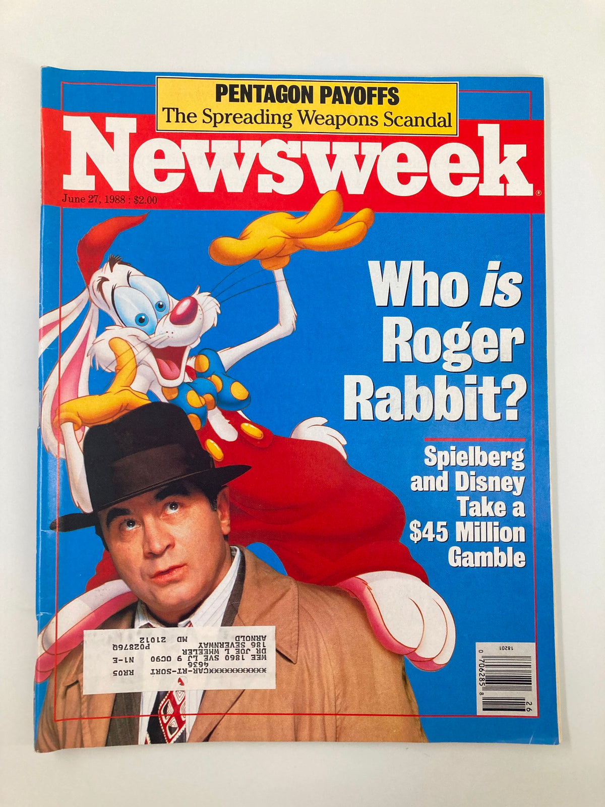 Cover of VTG Newsweek Magazine from June 27, 1988 featuring a playful image of Roger Rabbit and a man in a fedora, with the headline 'Who is Roger Rabbit?' alongside the title 'Spielberg and Disney Take $45 Million Gamble'.