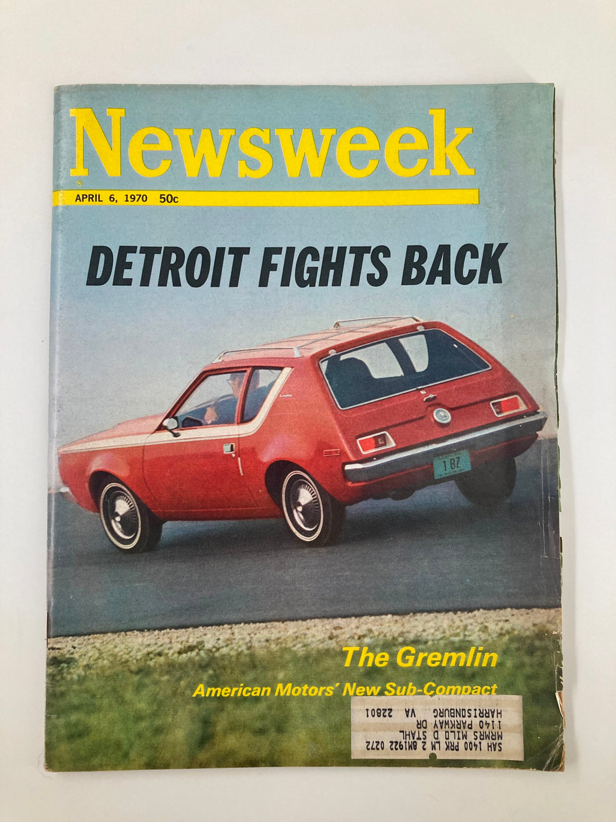 VTG Newsweek Magazine from April 6, 1970 featuring the iconic Gremlin American Motor's Sub-Compact with a headline about Detroit's automotive industry.
