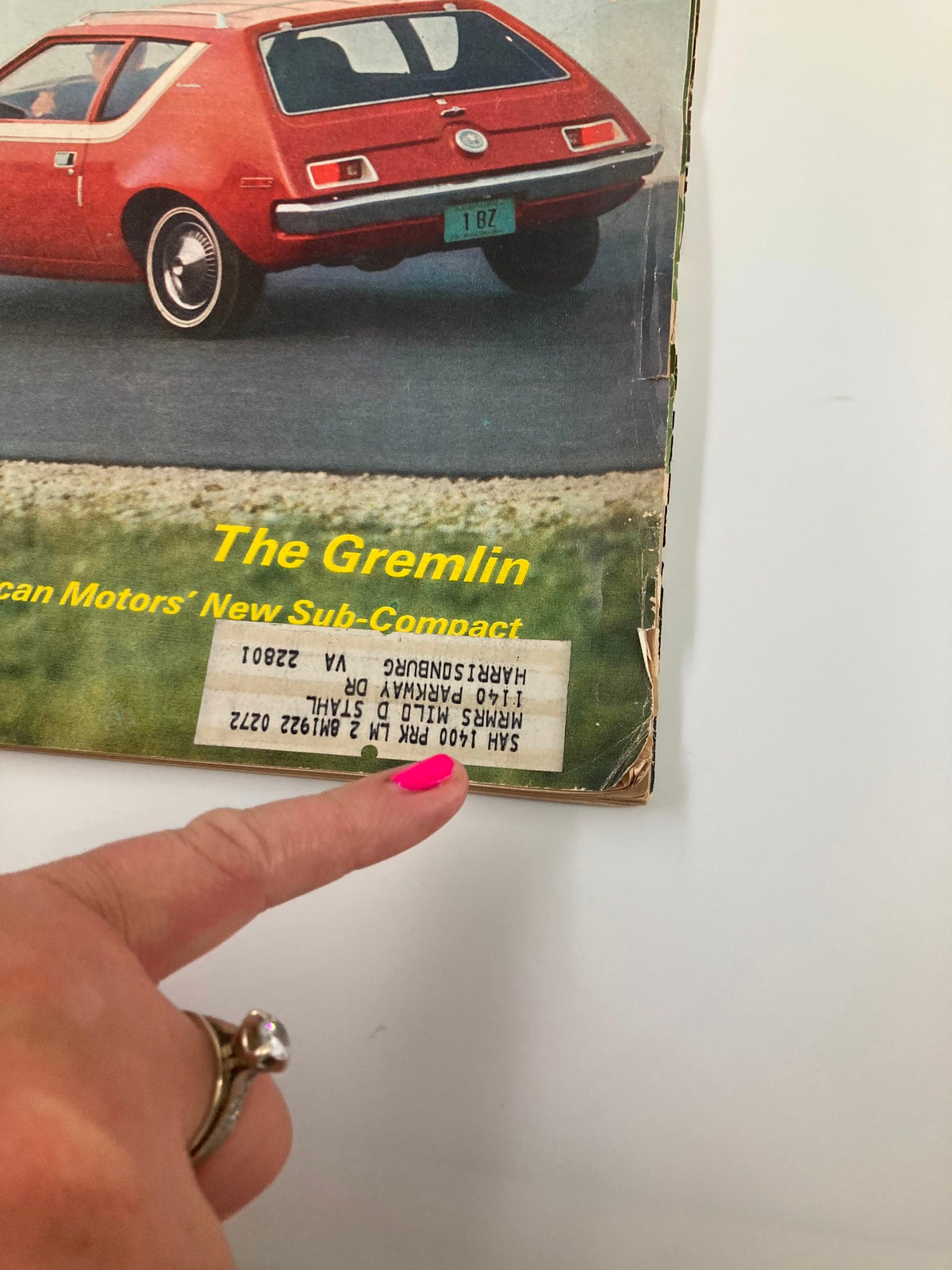 Detail view of the VTG Newsweek Magazine from April 6, 1970, showing the back of the Gremlin and an identification label on the magazine.