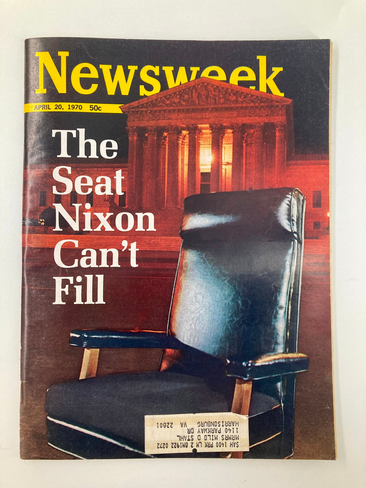Cover of vintage Newsweek magazine from April 20, 1970, featuring the title 'The Seat Nixon Can't Fill', showcasing a black chair in front of a monument, highlighting historical significance.