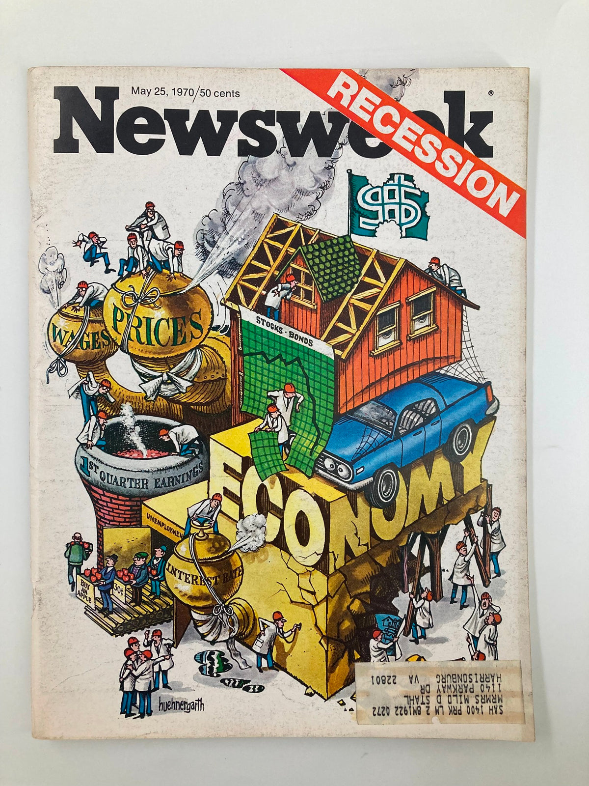 Cover of VTG Newsweek Magazine from May 25, 1970, featuring a colorful illustration related to the recession, economy, wages, and prices, with a prominent 'RECESSION' banner.