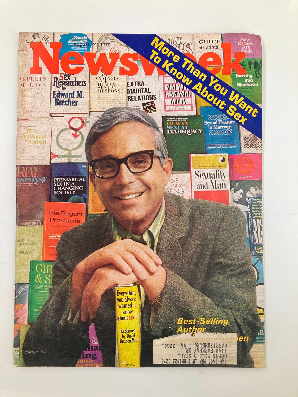 Vintage Newsweek magazine cover from August 24, 1970 featuring best-selling author Dr. David Reuben with a colorful background of book covers discussing sexuality.