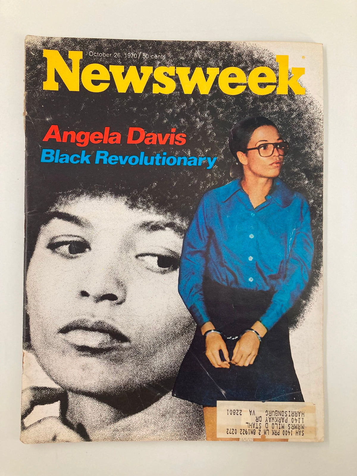 Vintage Newsweek Magazine cover from October 26, 1970 featuring Angela Davis, noted Black revolutionary, showcasing bold colors and an impactful design.