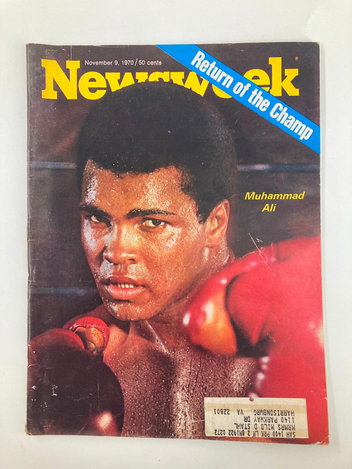 VTG Newsweek Magazine cover featuring Muhammad Ali, dated November 9, 1970, showcasing the title 'Return of the Champ' with Ali in a boxing pose.