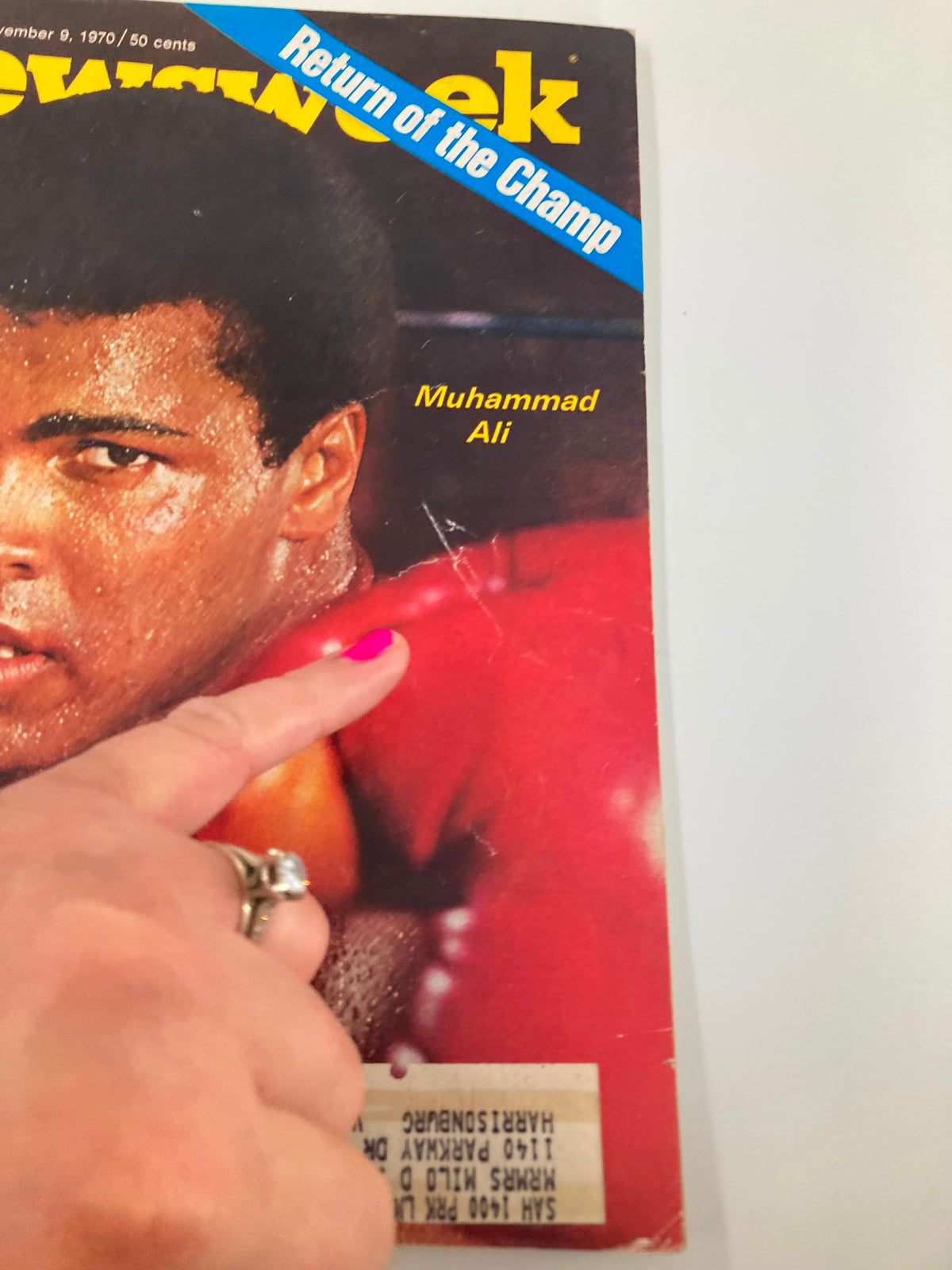 VTG Newsweek Magazine cover from November 9, 1970 featuring Muhammad Ali, titled 'Return of the Champ', showcasing Ali's focused expression and sweat-covered skin, capturing a pivotal moment in boxing history.