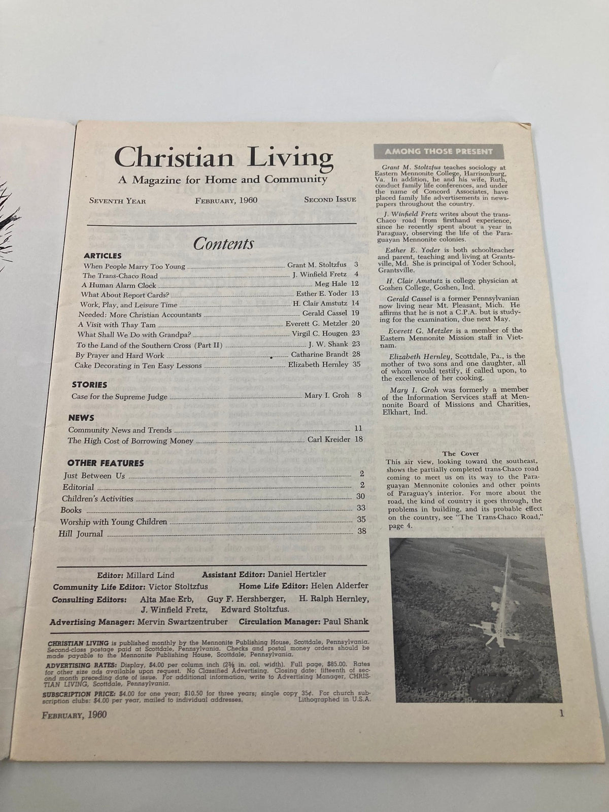 Inside page of VTG Christian Living Magazine February 1960 displaying the table of contents. The page includes featured articles related to The Trans-Chaco Road in Paraguay, showcasing the magazine's insights into Paraguayan life.